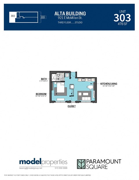 Floor plan for studio, 1 bath, 478 sqft